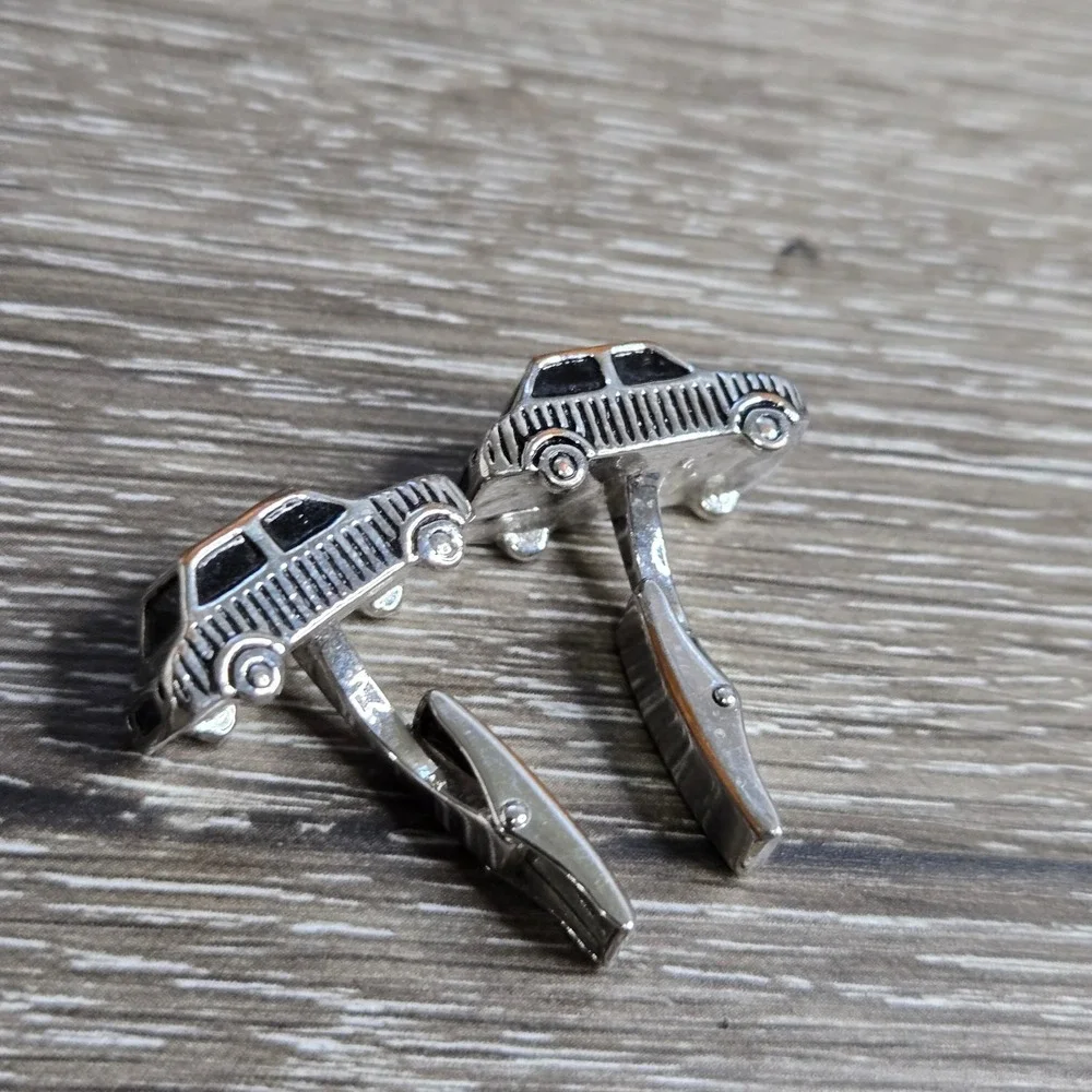 Vintage Men's Silver Tone Classic Car Cufflinks Black Enamel Novelty Bullet Back